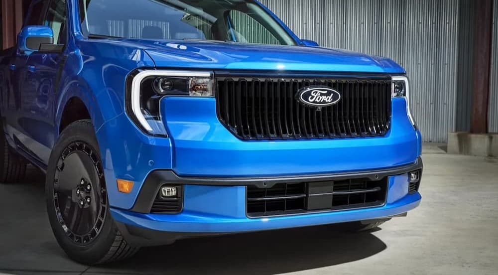 Close-up of the frontend of a blue 2025 Ford Maverick Lobo.