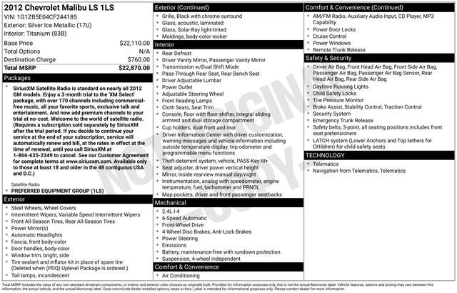 2012 Chevrolet Malibu LS 1LS