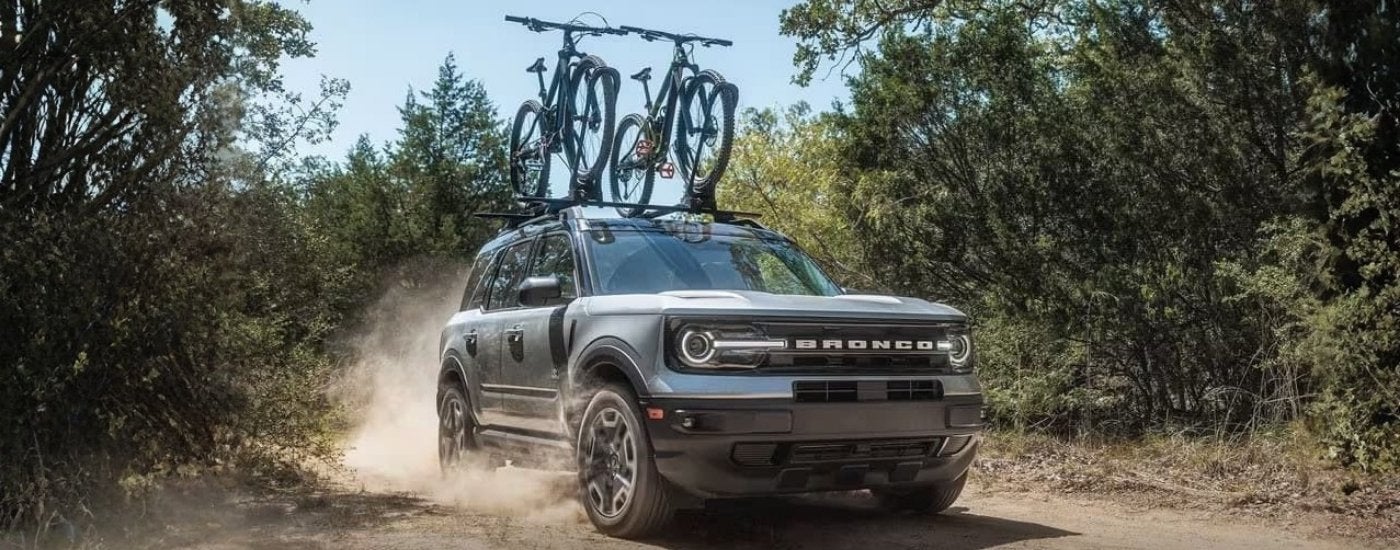 Silver 2023 Ford Bronco Sport driving on a trail